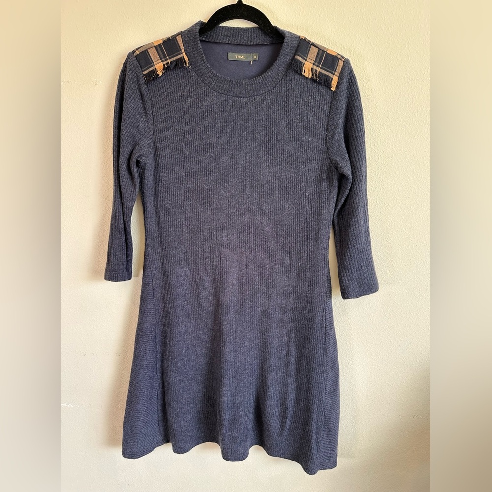 THML Womens Sweater Dress Medium Plaid Shoulder‎ Detail Casual Everyday Cute